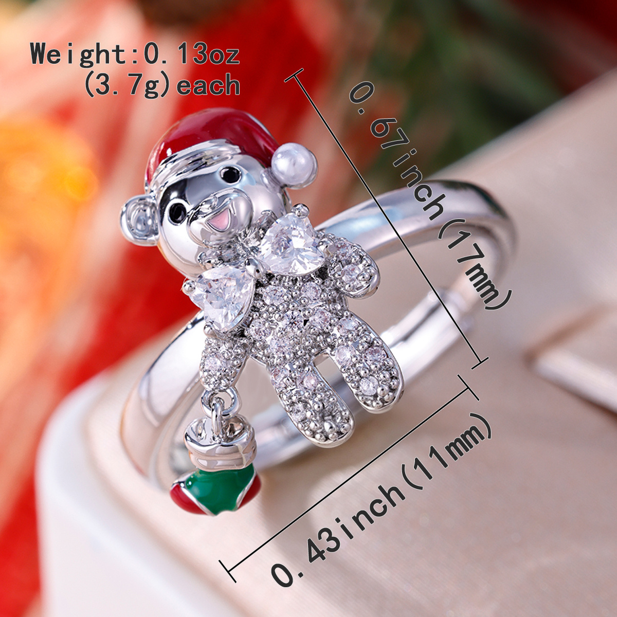 Women's Red Enamel Santa Hat Ring with Zirconia